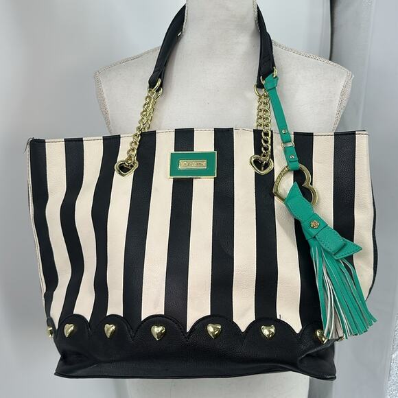 Betsey Johnson Black and White Striped Tote with Gold Accents - Picture 1 of 13